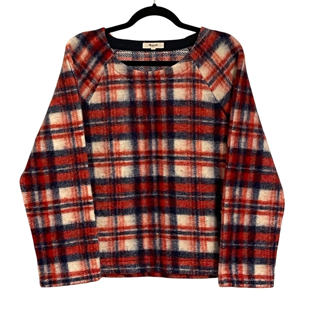 Madewell Nicolette Wool Plaid Brushed Pullover Sweatshirt Red Blue Cream Women L